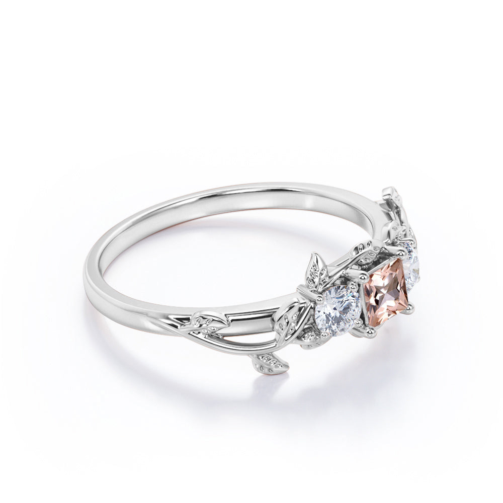 Tristone 1.1 carat Princess cut Morganite and round pave diamonds tree branch engagement ring in White gold