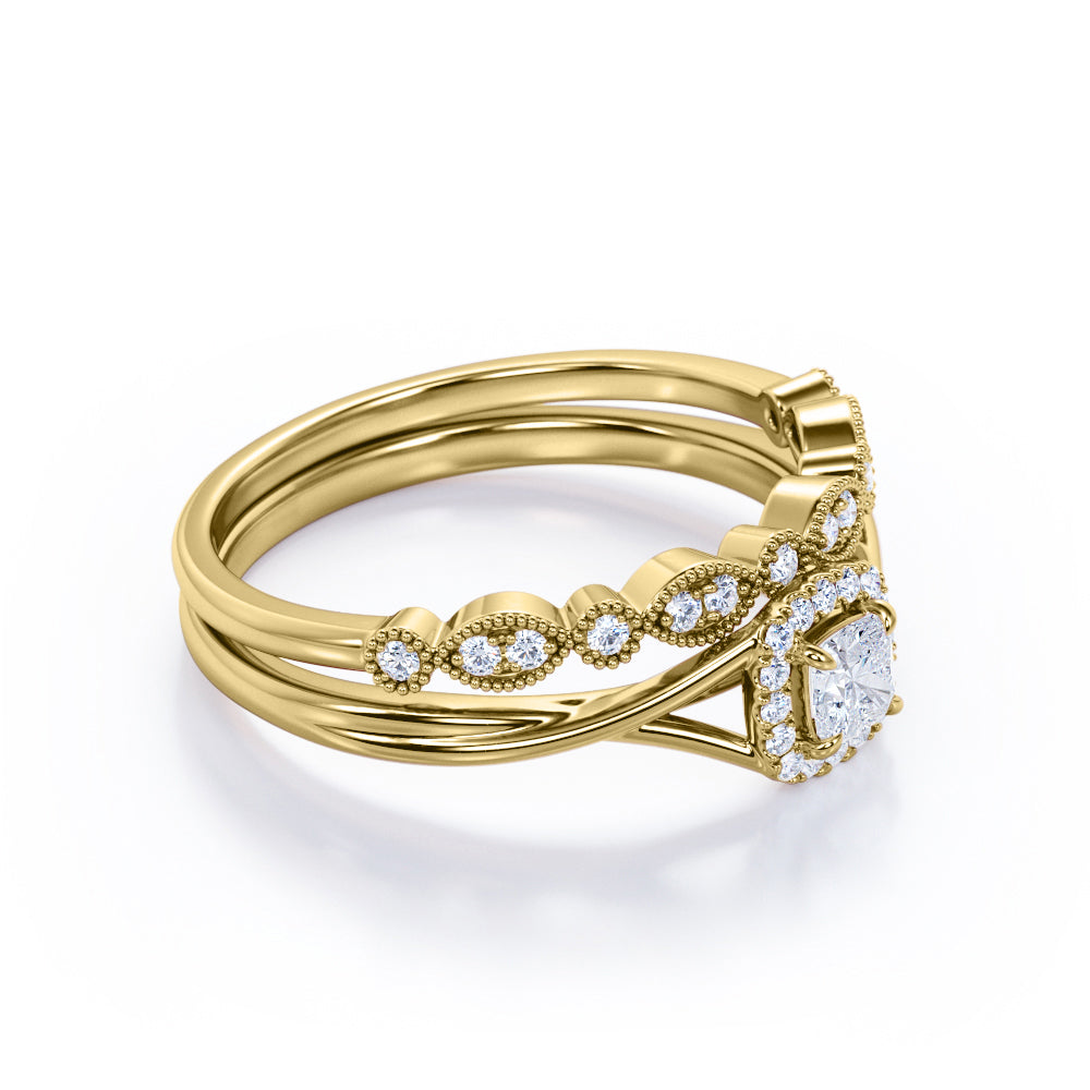 Twisted split shank 0.8 carat Cushion cut Moissanite and diamond milgrain bridal set in White gold