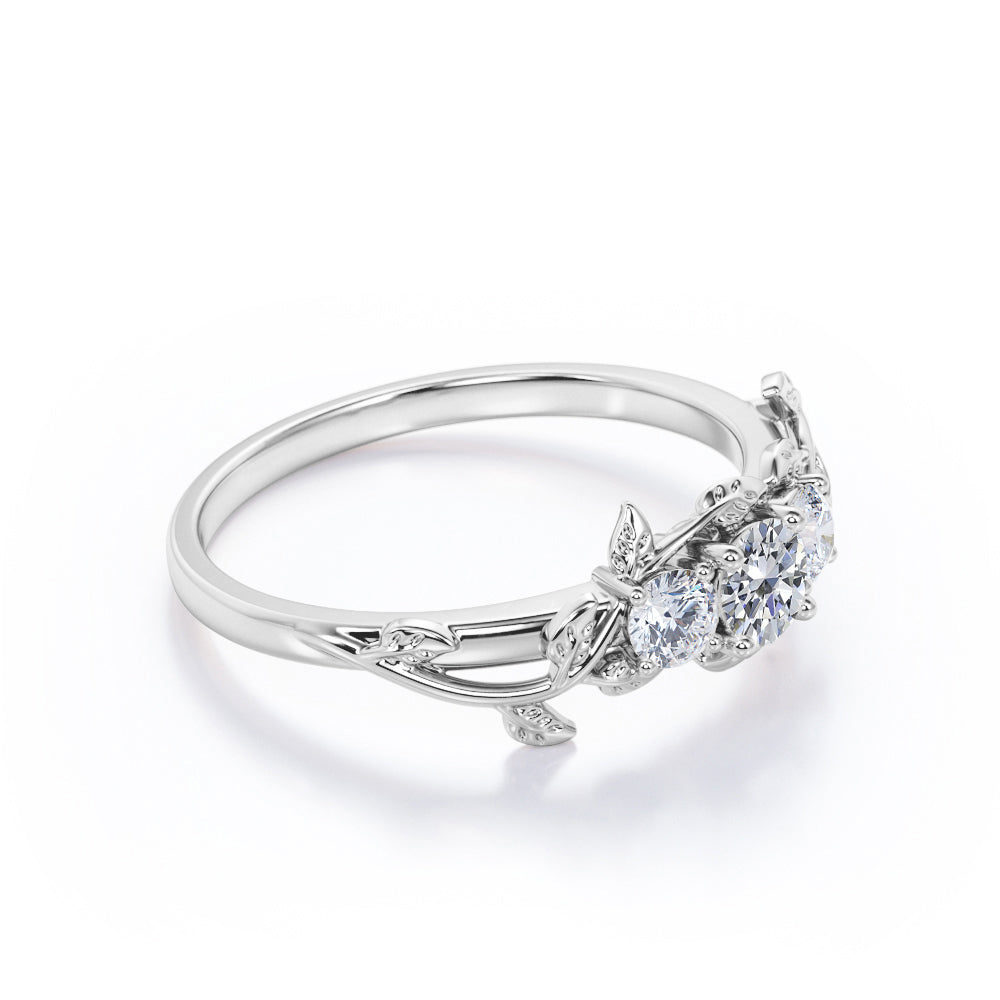 Eccentric Vine and leaf 1.1 carat round cut Moissanite and diamond 3 stone flower ring in White gold- Engagement ring