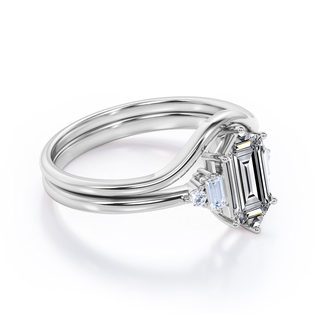 Geometric 1.1 carat Hexagon shaped Moissanite and diamond 6 prong wedding ring set in White gold