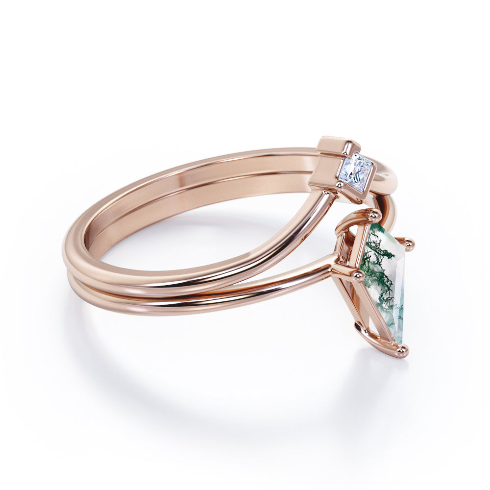 Classic 2 stone 1 carat Kite shaped Moss Green Agate and diamond contoured wedding ring set in White gold