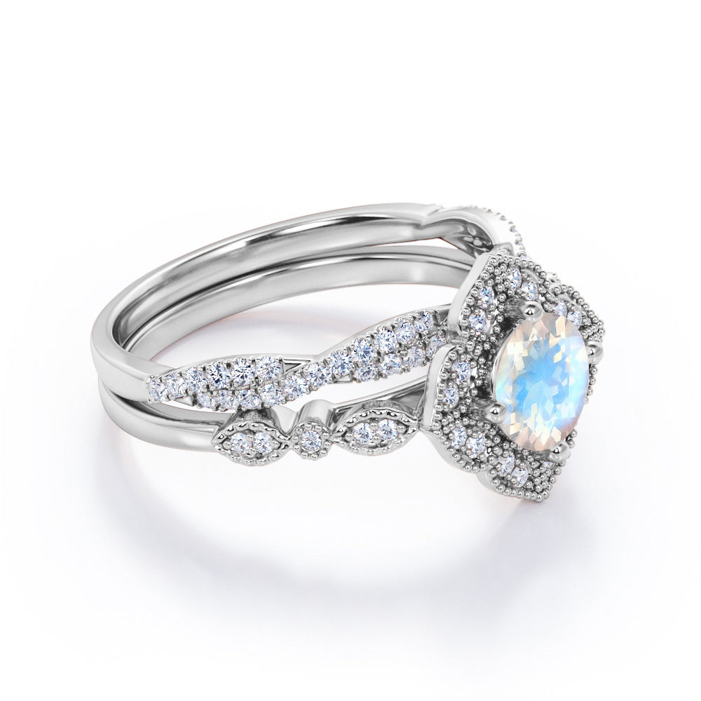 Vintage Flower inspired 1.75 carat Milgrain border Moonstone and half-infinity wedding ring set for her