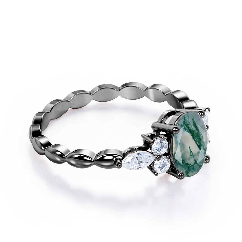 Marquise Twisted Rope design 1.15 carat Oval cut Moss Green Agate and diamond engagement ring in White gold