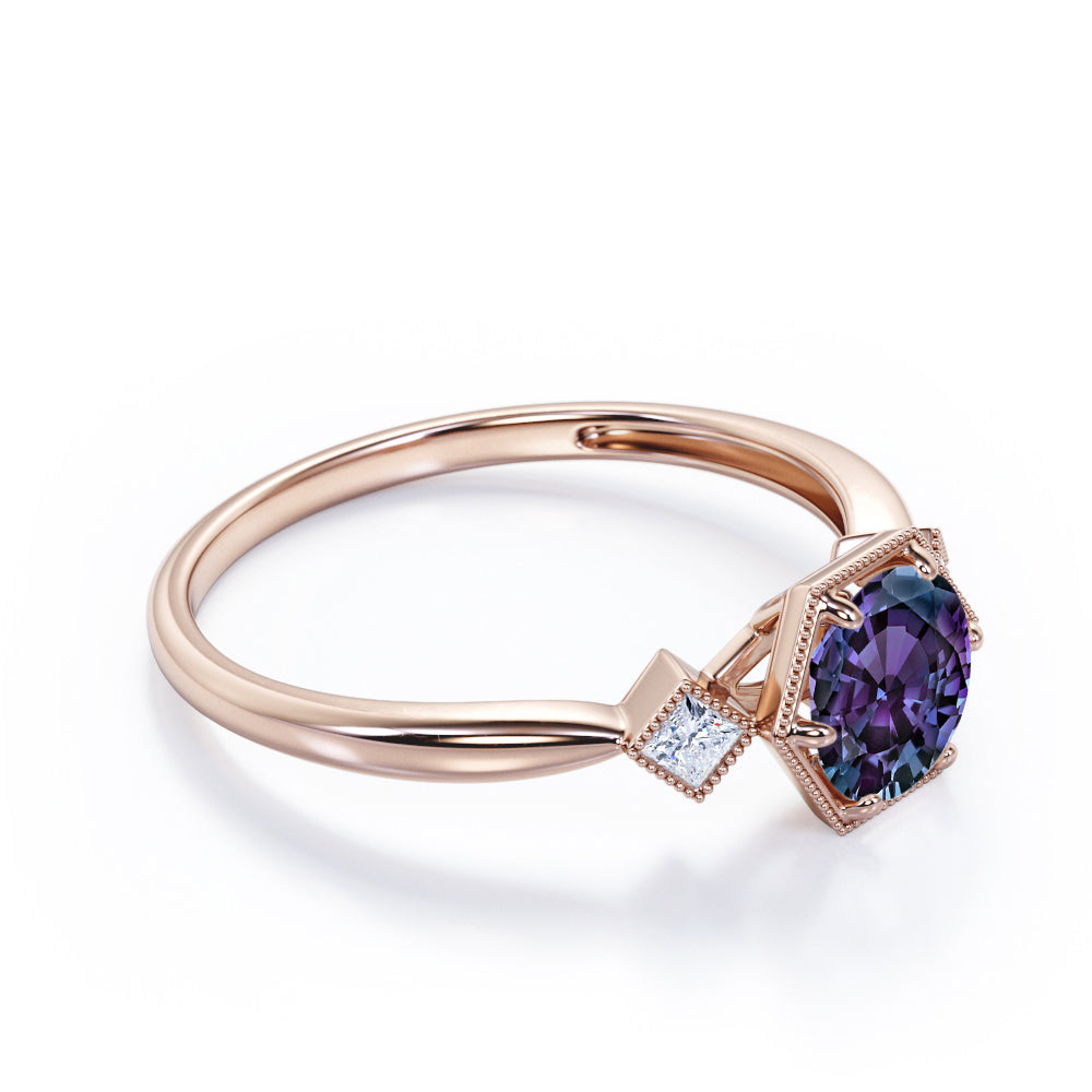 Past, Present and Future 0.6 carat Round cut Alexandrite milgrain setting-tapered shank engagement ring in Rose gold