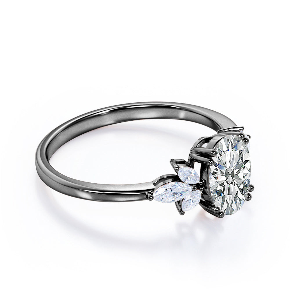 Double Prong setting 1.1 carat Oval cut Moissanite and marquise diamonds tapered engagement ring in White gold