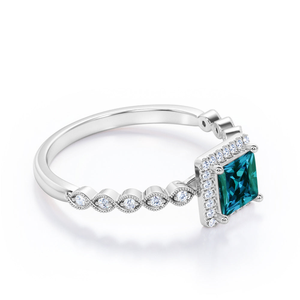 1.4 carat Princess cut Synthetic Alexandrite and diamond milgrain edge engagement ring in Black gold