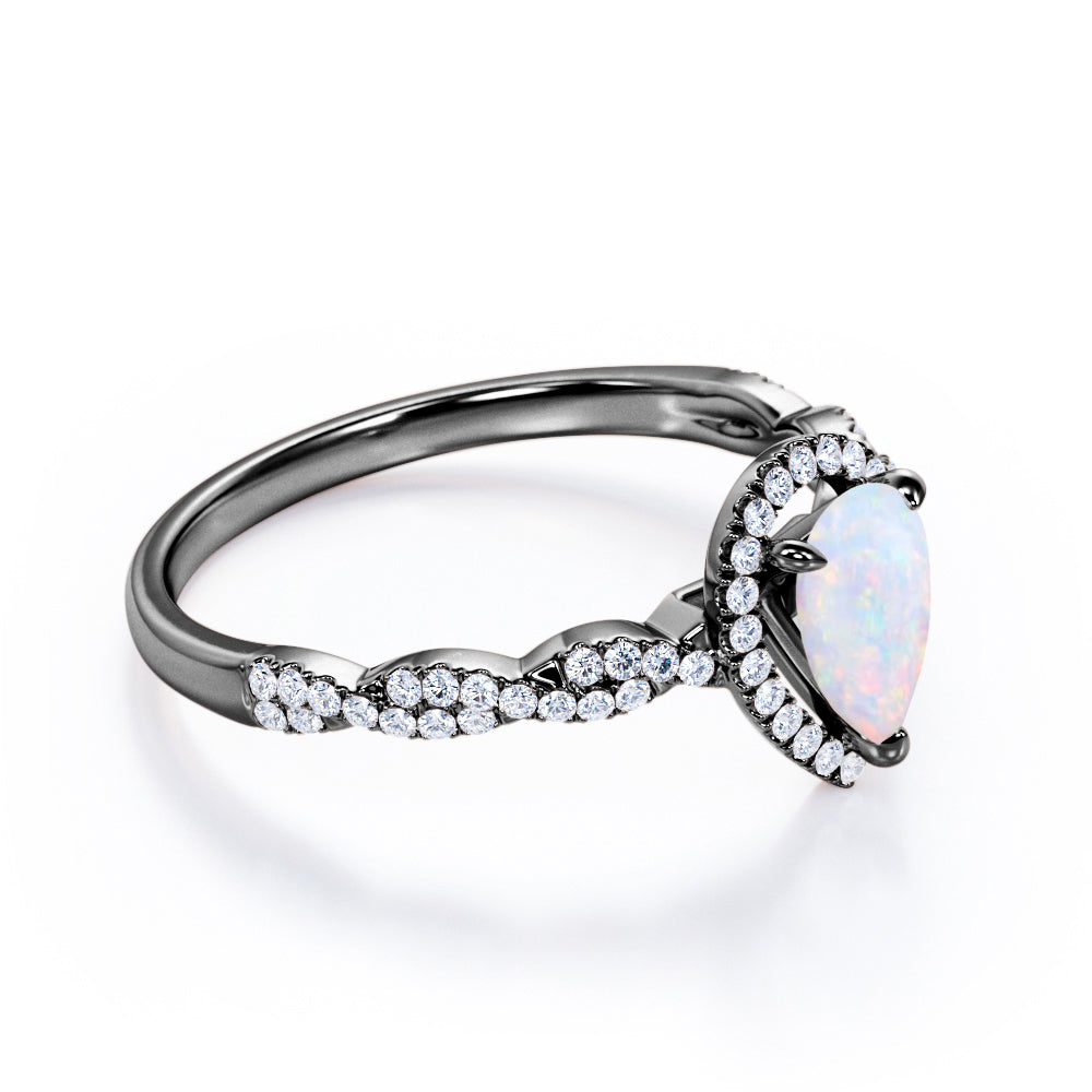 Antique infinity 1.5 carat Pear cut Australian Boulder Opal and diamond halo engagement ring in White gold
