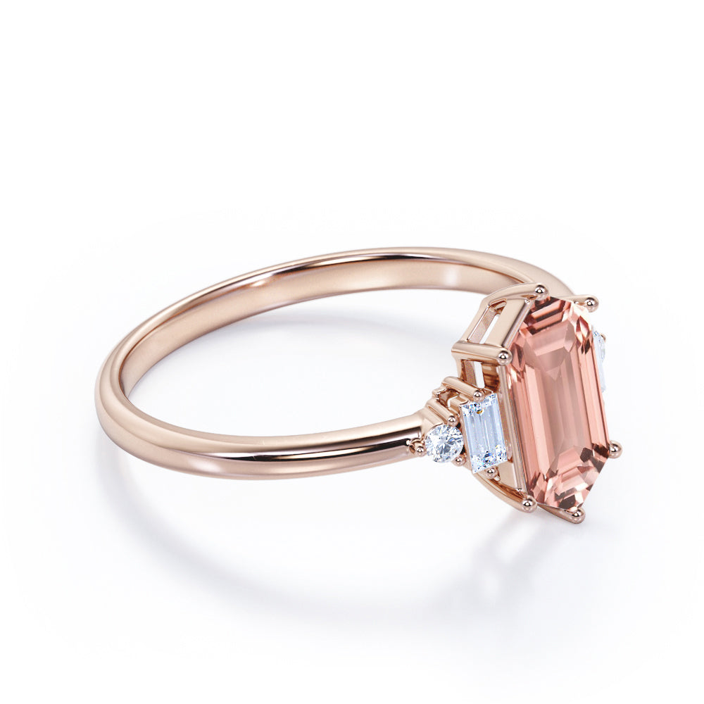 Lovely 5 stones 1.1 carat Hexagon Shaped Morganite and diamond tapered shank engagement ring in White gold