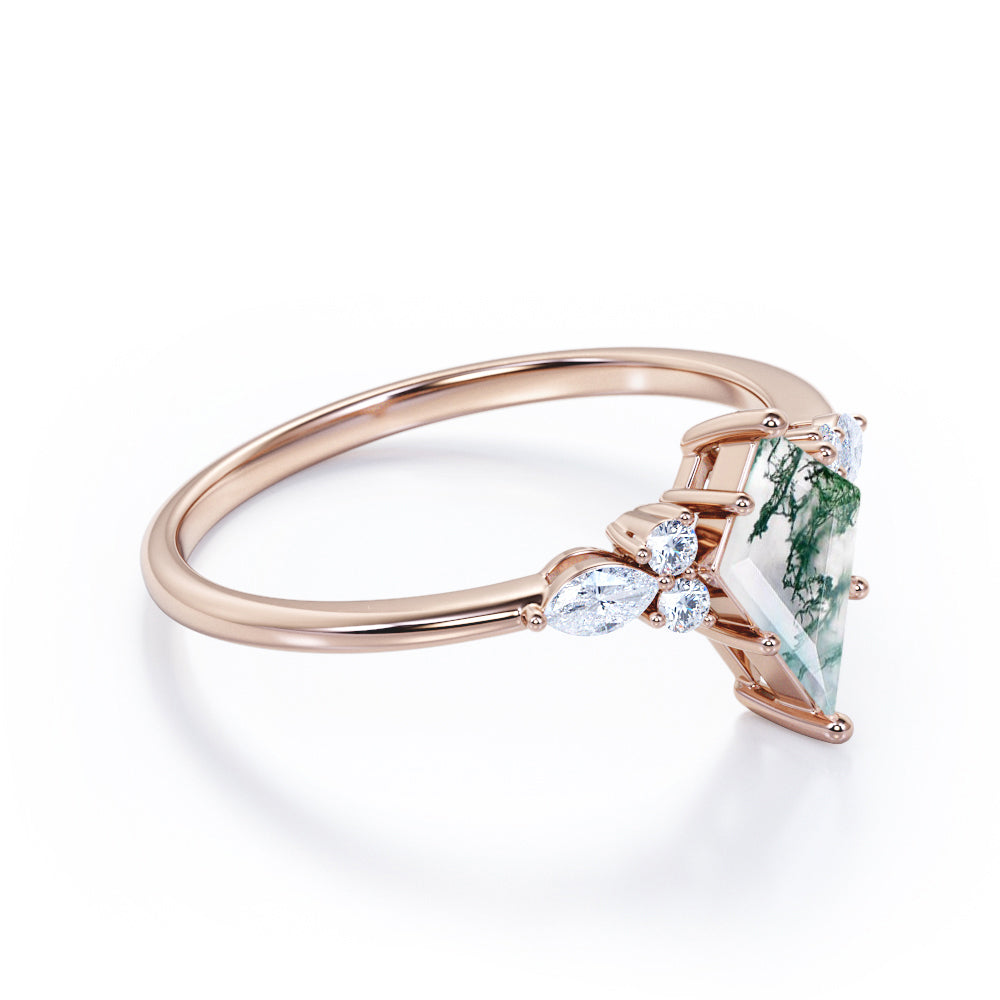 Vintage Seven stone 1.1 carat Kite shaped Moss green Agate and diamond prong style engagement ring in White gold