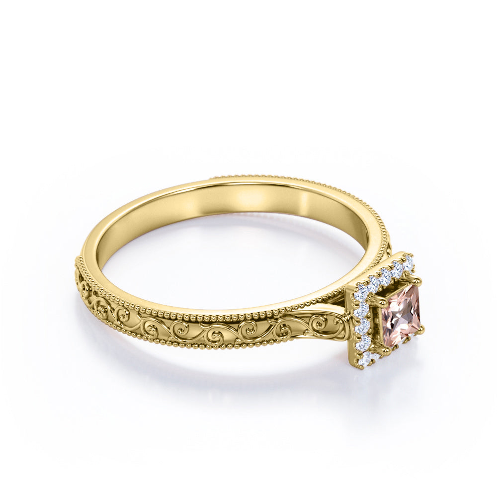 Pave Halo 0.75 carat Princess cut Peach Morganite and diamond ornamental filigree engagement ring in White gold