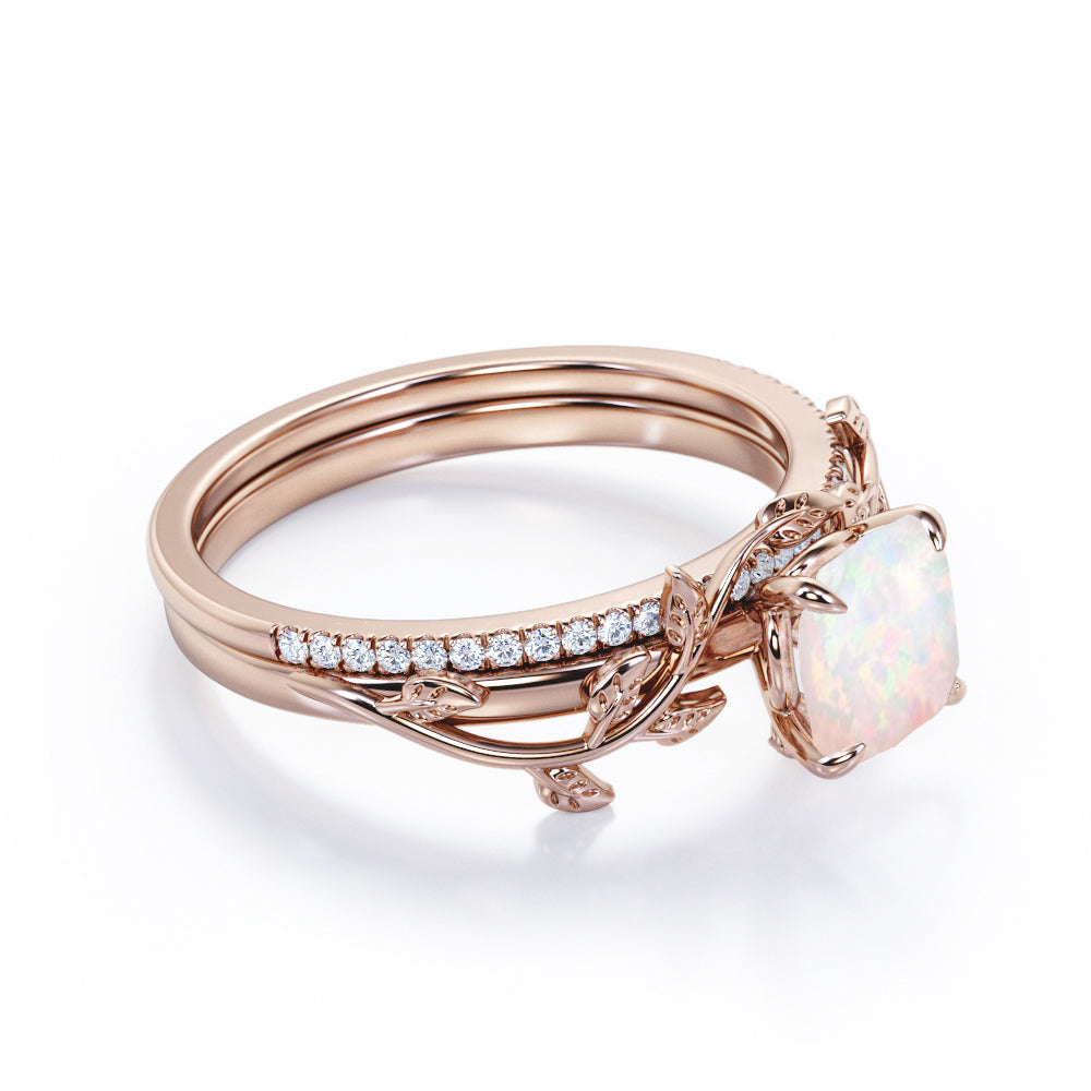 Dainty Vine 1 carat Cushion shaped Fire Opal and diamond wedding Bridal ring set for women