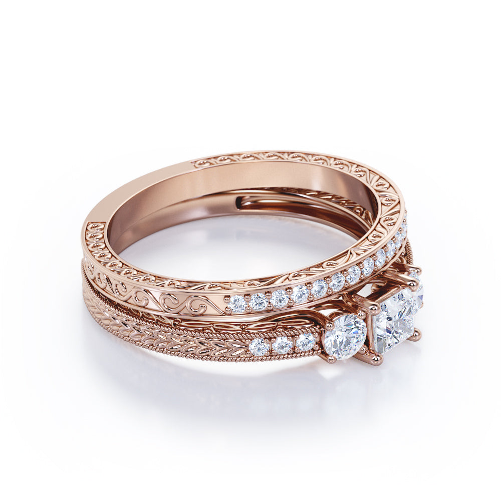Exquisite trilogy 1.2 carat Princess cut Moissanite and diamond antique filigree wedding ring set for her - Bridal set