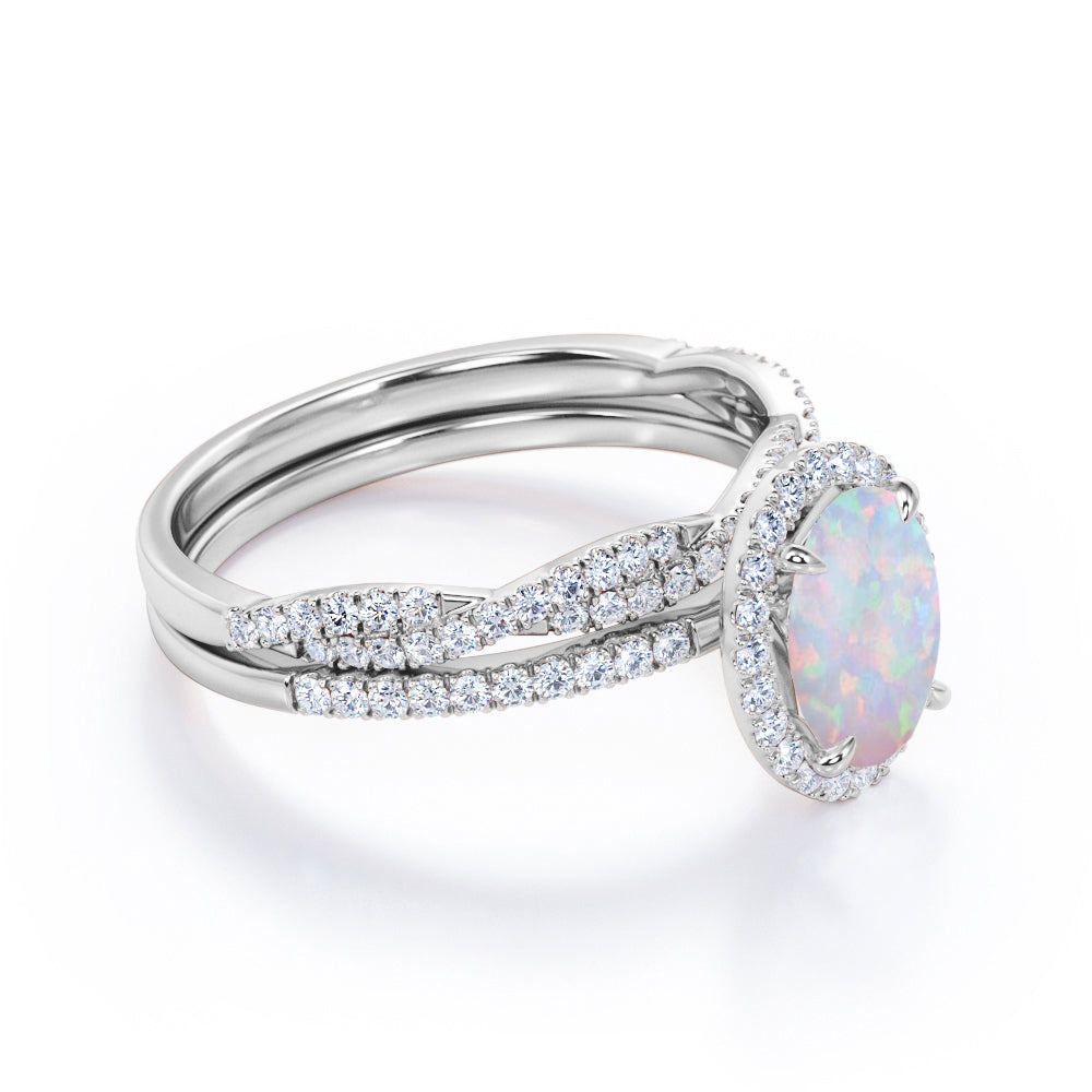 Unique 1.65 carat Oval Cut Ethiopian Opal with halo diamond infinity Bridal ring set in Rose gold