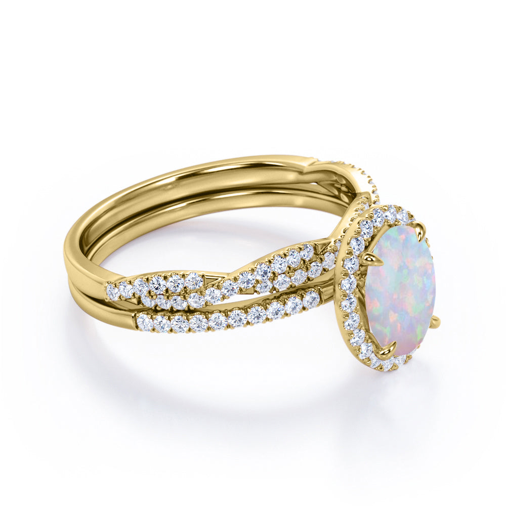 Unique 1.65 carat Oval Cut Ethiopian Opal with halo diamond infinity Bridal ring set in Rose gold
