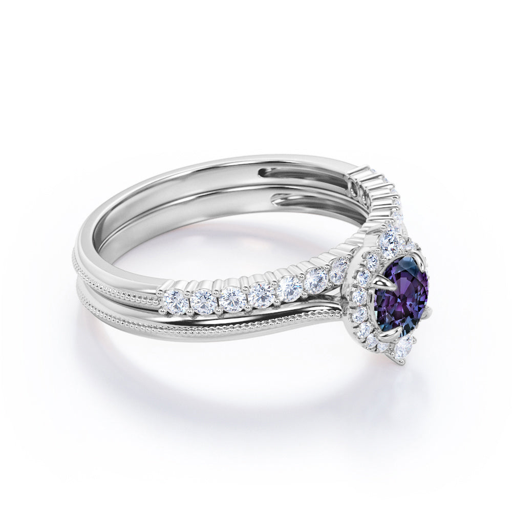 Petite Halo 0.75 carat Round cut Lab created Alexandrite and diamond Milgrain Edge and Pave set wedding ring set for women in White gold