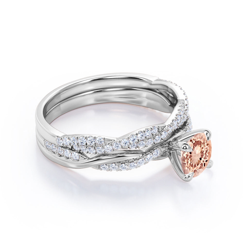 Classic claw prong 1.5 carat Round cut Peach Morganite and diamond Infinity wedding ring set in White gold.