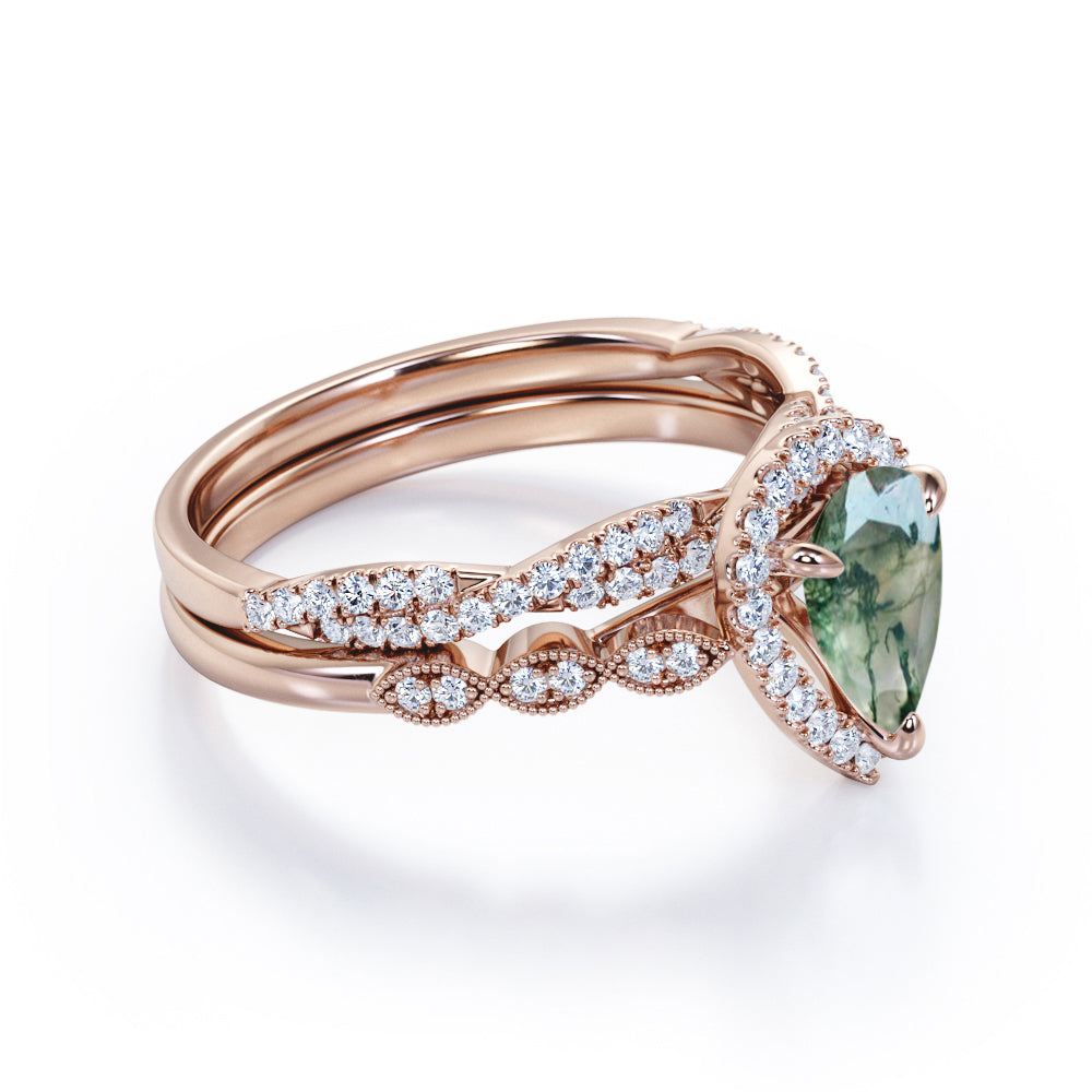 Eccentric Milgrain round 1.75 carat Pear cut Moss Green Agate and diamond Infinity Vintage Bridal ring set in White gold