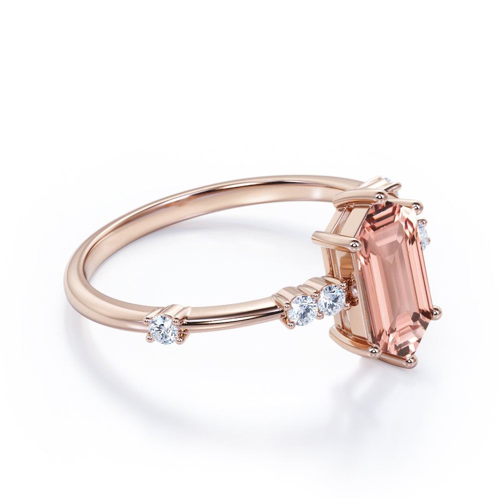 Twig style 1.1 carat Hexagon cut Morganite and diamond 6 prong setting engagement ring in White gold
