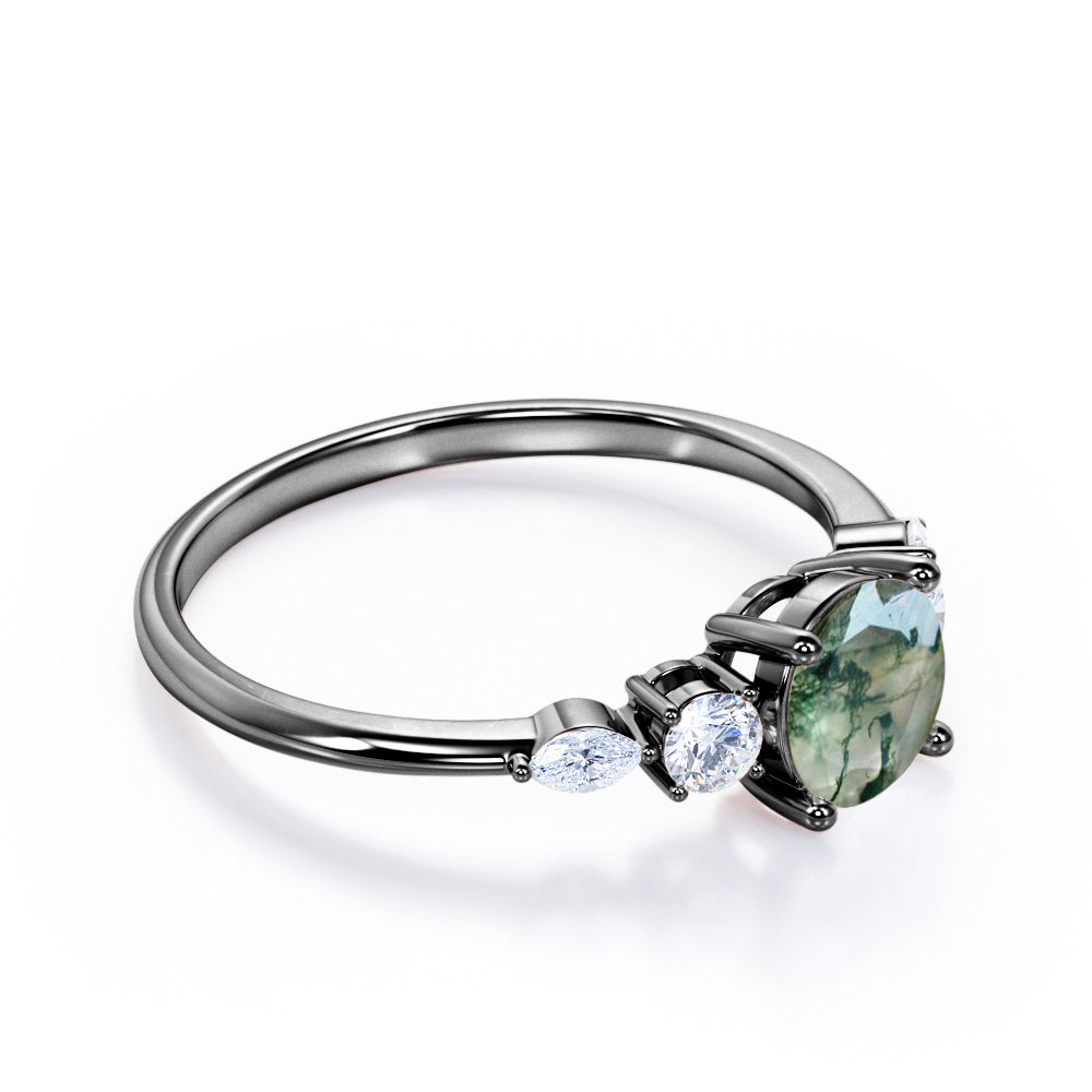 Artistic Prong basket 1.1 carat Round cut Moss Green Agate and diamond 5 stone engagement ring in Rose gold