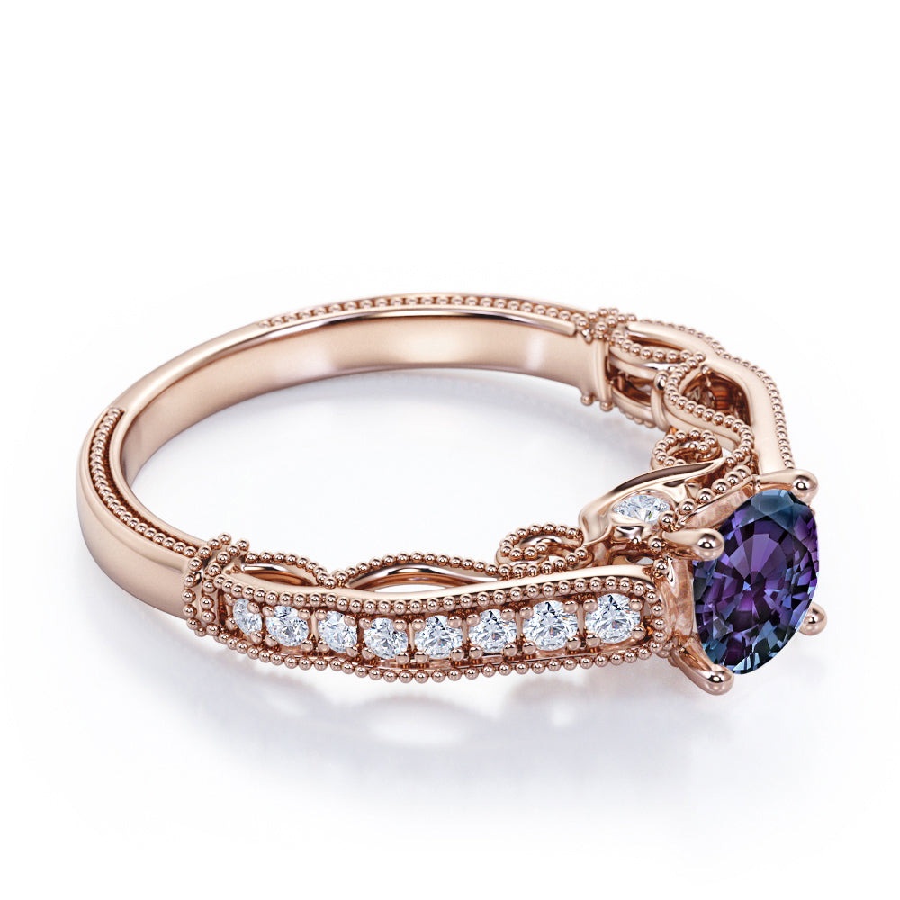 Vintage Freestyle 1.25 carat Round cut Lab created Alexandrite and diamond milgrain engagement ring in White gold