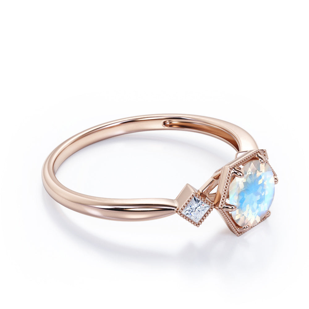 Triple Bezels 1.1 carat Round cut Moonstone and diamond Milgrain engagement ring in White gold
