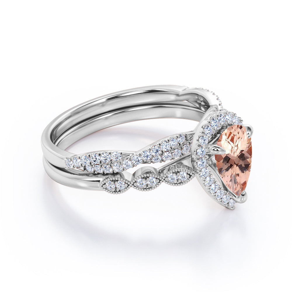 Pear Halo 1.75 carat Tear drop Morganite and diamond Milgrain and infinity wedding ring set for her