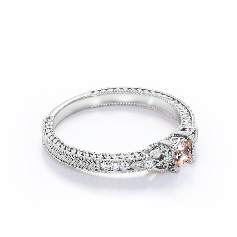 Exquisite leaf filigree and Milgrain 0.75 carat Princess cut intricate engagement rings in rose gold