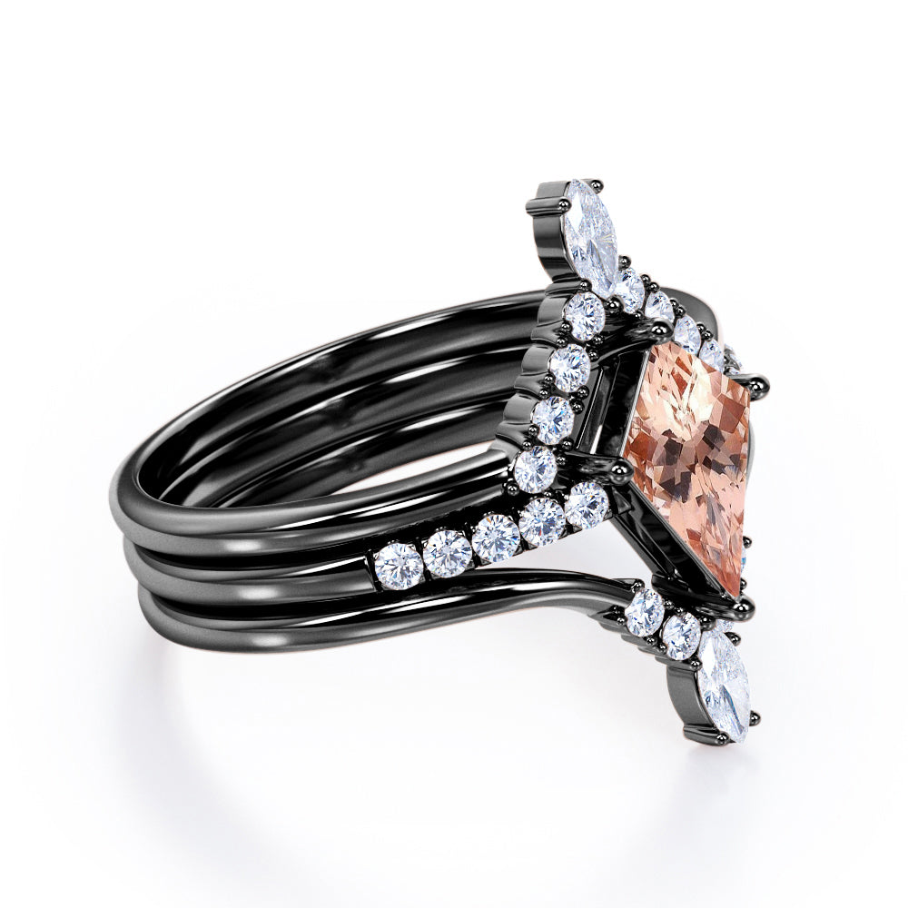V-shaped Chevron 1.5 carat Kite shaped Morganite and diamond art deco wedding ring set in Rose gold