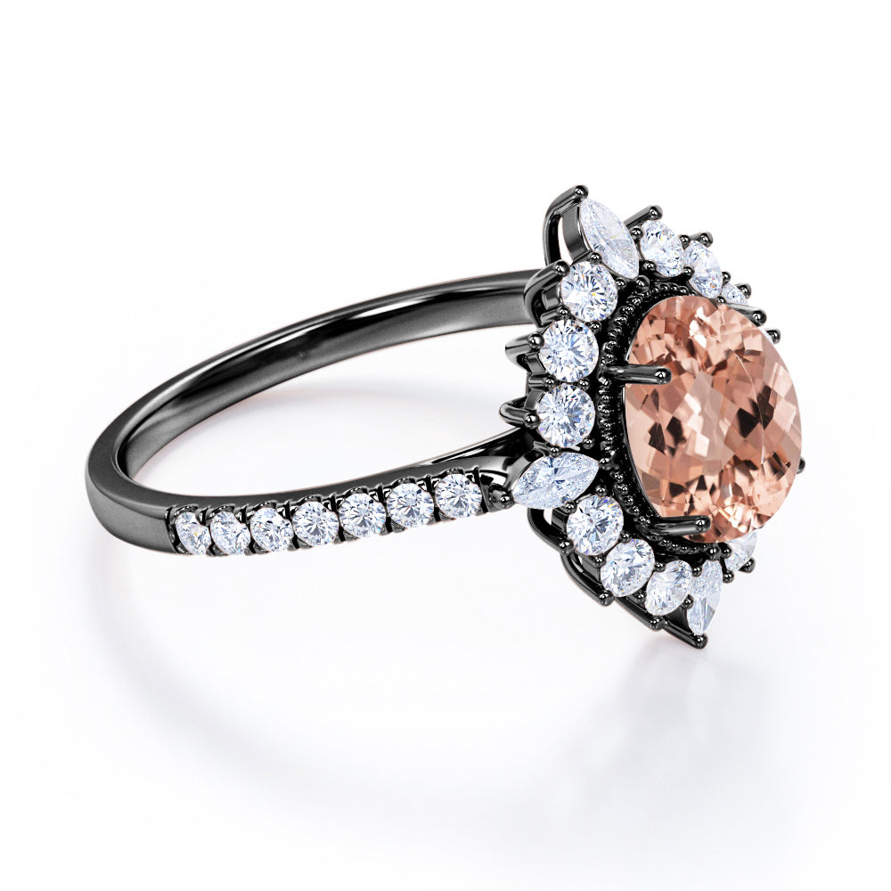 Clustered Antique Halo 1.5 carat Oval Morganite and diamond snowflake engagement ring in Rose gold