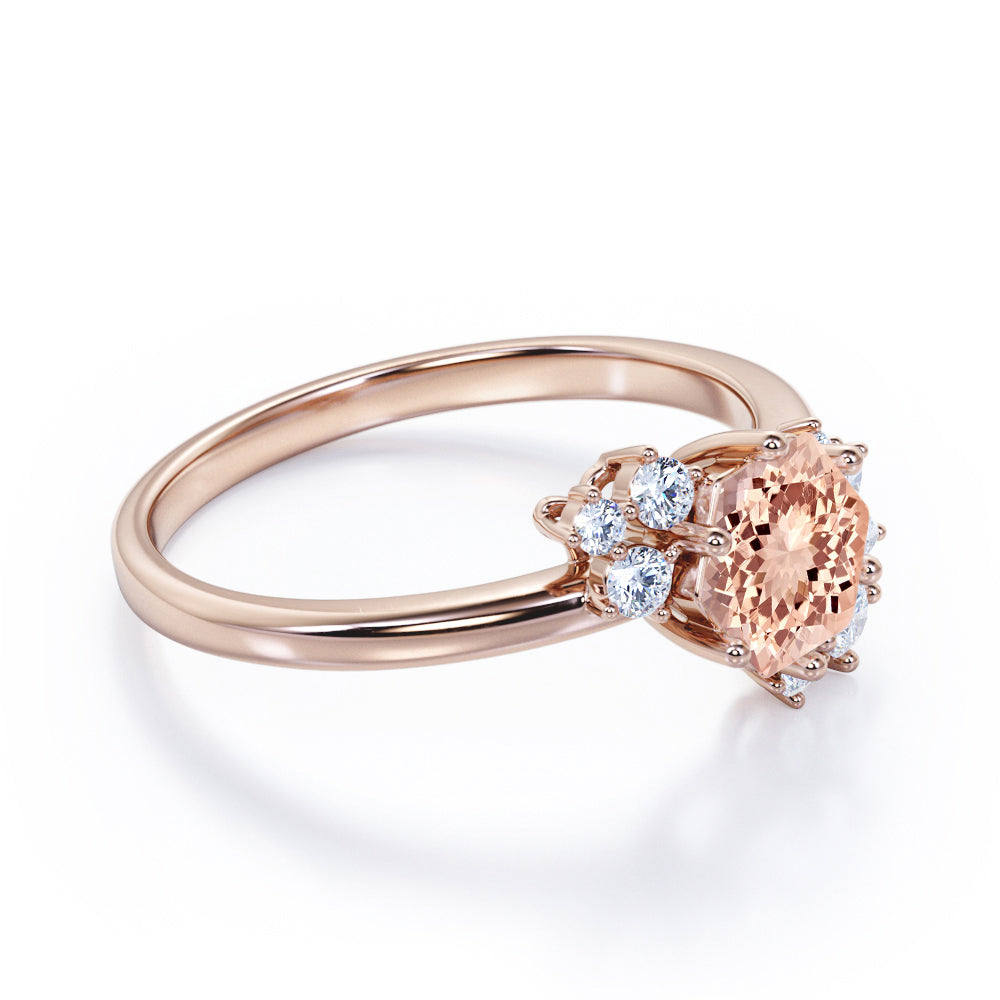 Art deco Inspired 0.65 carat Hexagon shaped Morganite and diamond flower engagement ring in White gold