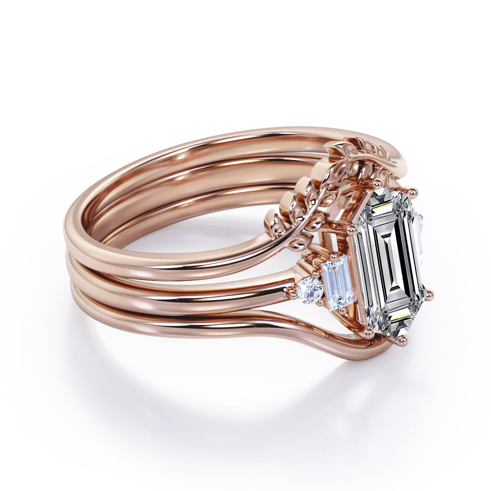 1.1 carat Hexagonal shaped Moissanite and diamond U-shaped Contoured trio wedding ring set in Rose gold