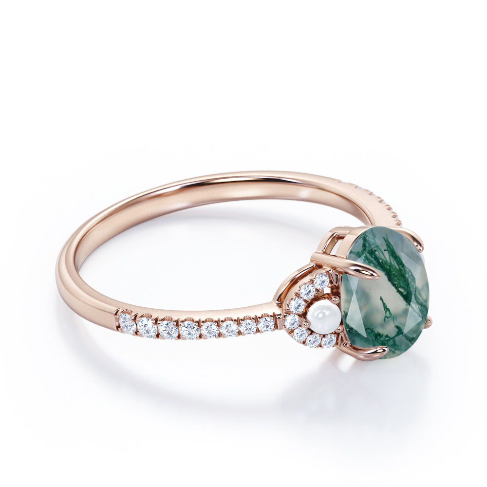 Eternity Pave 1.35 carat Oval shaped Moss Green Agate and diamond with freshwater pearl promise ring in White gold