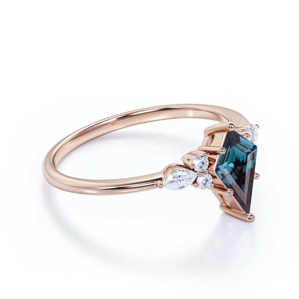 Modern Seven stone 1.1 carat Kite shaped Lab created Alexandrite and diamond six prong style engagement ring for her in White gold