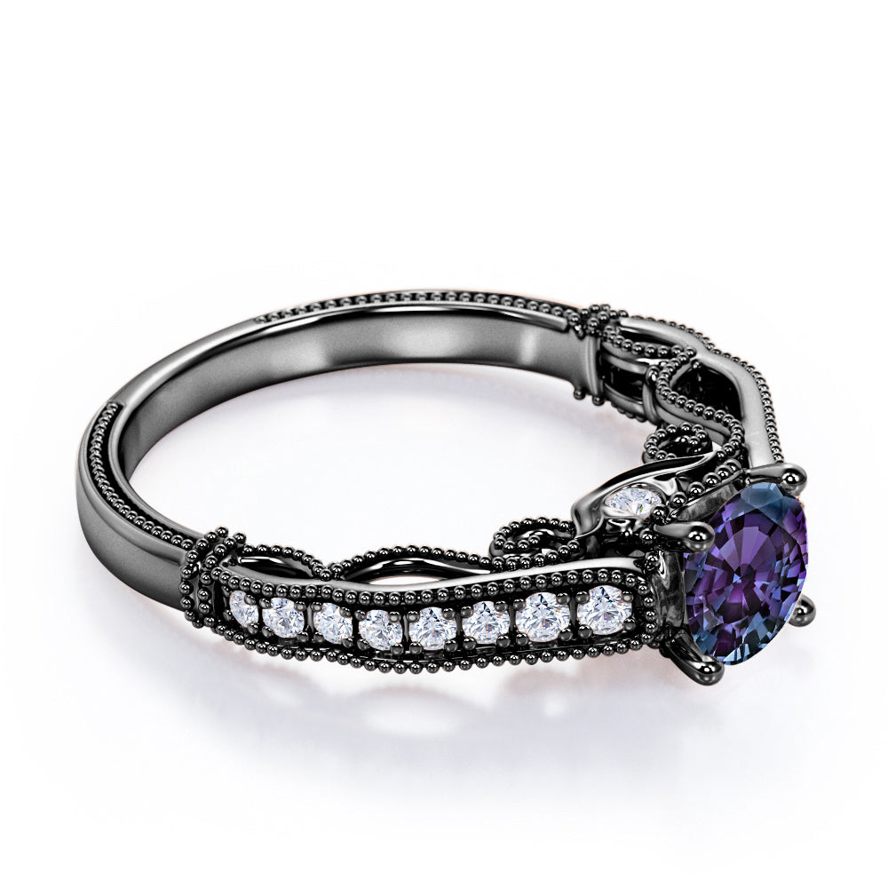 Vintage Freestyle 1.25 carat Round cut Lab created Alexandrite and diamond milgrain engagement ring in White gold
