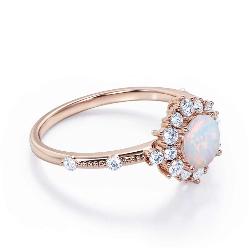 Floral art inspired 1.20 carat Round cut Ethiopian Opal and diamond-engraved-cluster halo engagement ring White gold