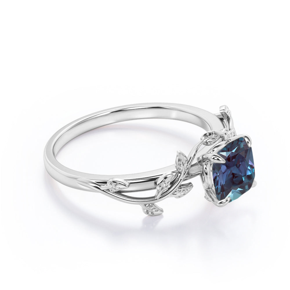Solitaire 1 carat Cushion cut Synthetic Alexandrite and diamond floral wedding ring set for women in gold
