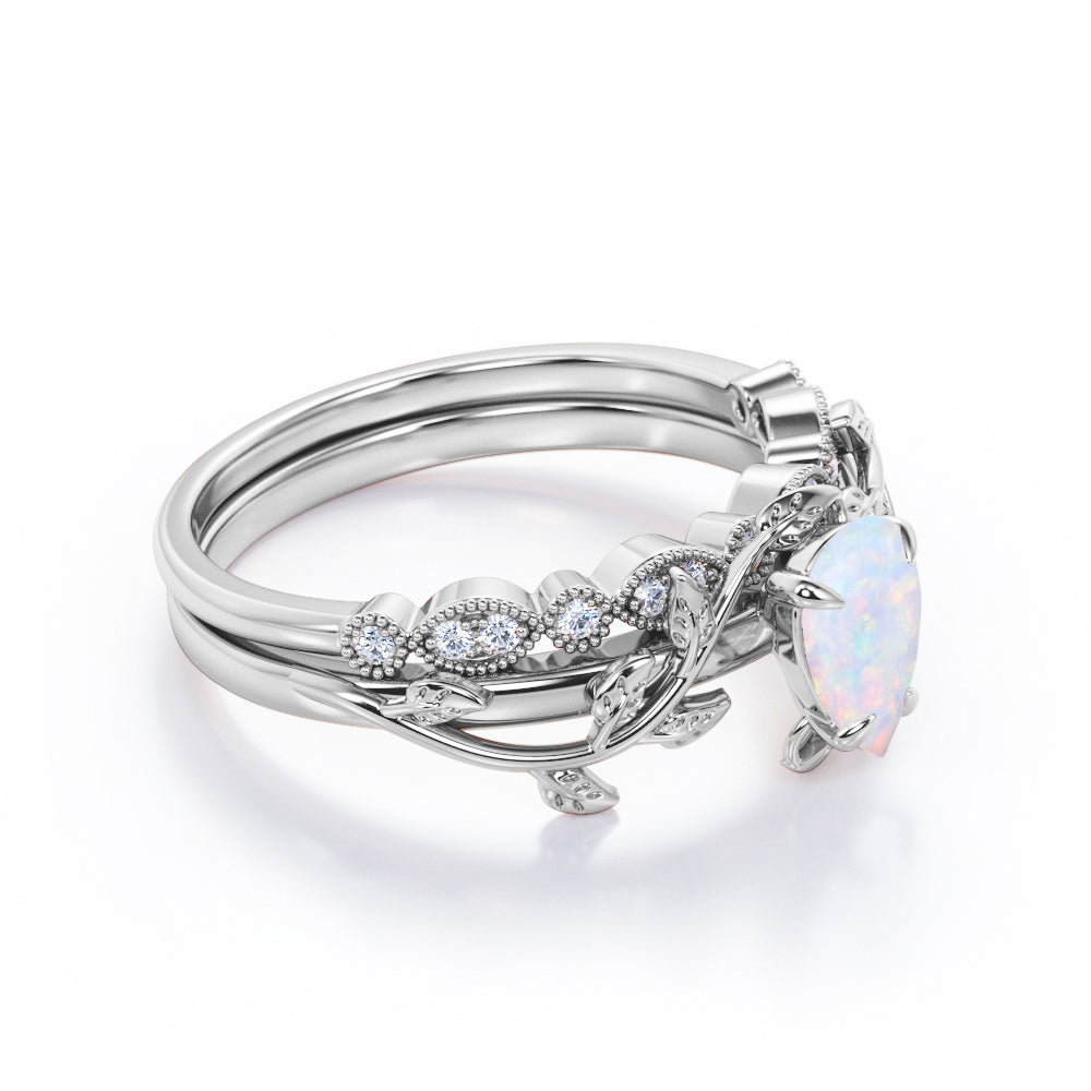 Art deco 1.15 carat Nature-inspired Pear cut Solid welo Opal with half-pave milgrain diamond Wedding ring set for women