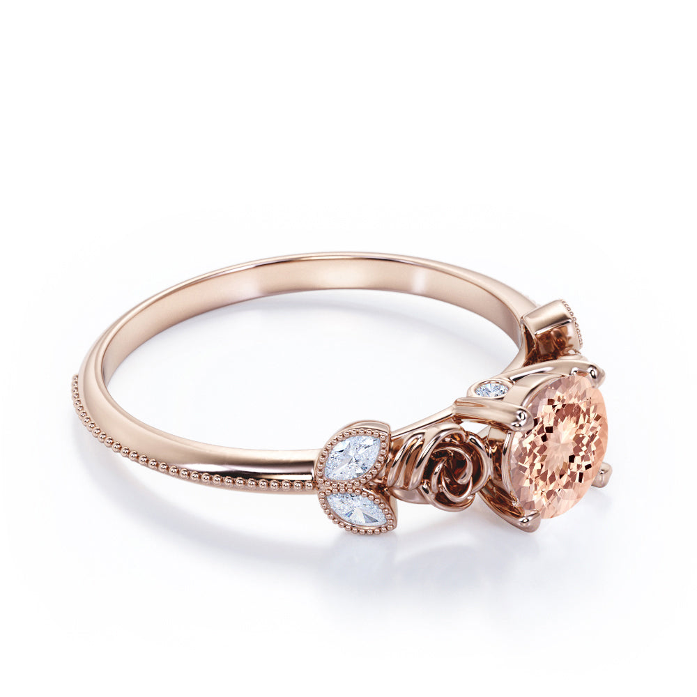 Romantic Roses 1.1 carat Round cut Morganite and diamond marquise milgrain engagement ring in Black gold
