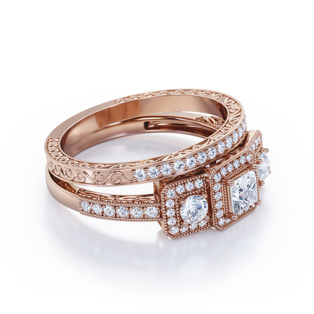 Antique Trio stone 1.5 carat Princess cut Diamond Edwardian art deco engagement ring set for women in Gold