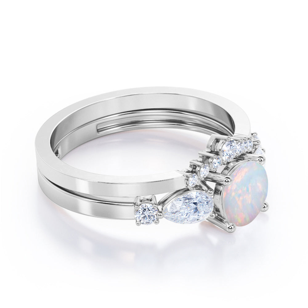 Tiara style 1.4 carat Round cut Opal and diamond beveled shank ring in White gold- Engagement ring for women