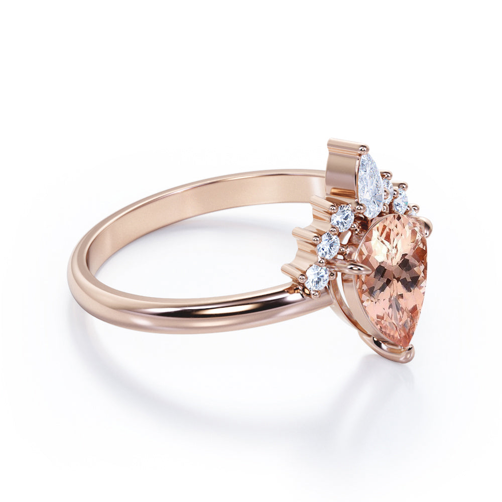 Lovely Tiara 1.15 carat Pear Shaped Peach Pink Morganite and diamond vintage engagement ring in White gold