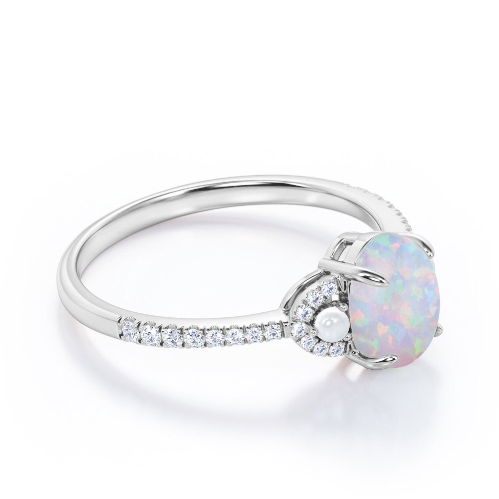 Exquisite Freshwater pearl 1.45 carat Oval cut Ethiopian Opal and diamond claw prong wedding ring set for her in Rose gold