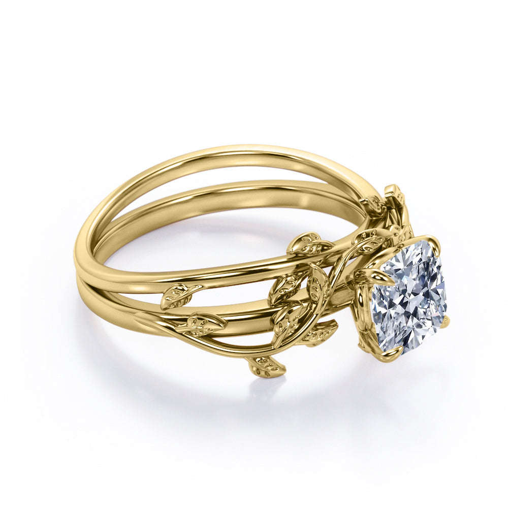 Twist Branch design 1 carat cushion cut Moissanite leaf wedding ring set in White gold
