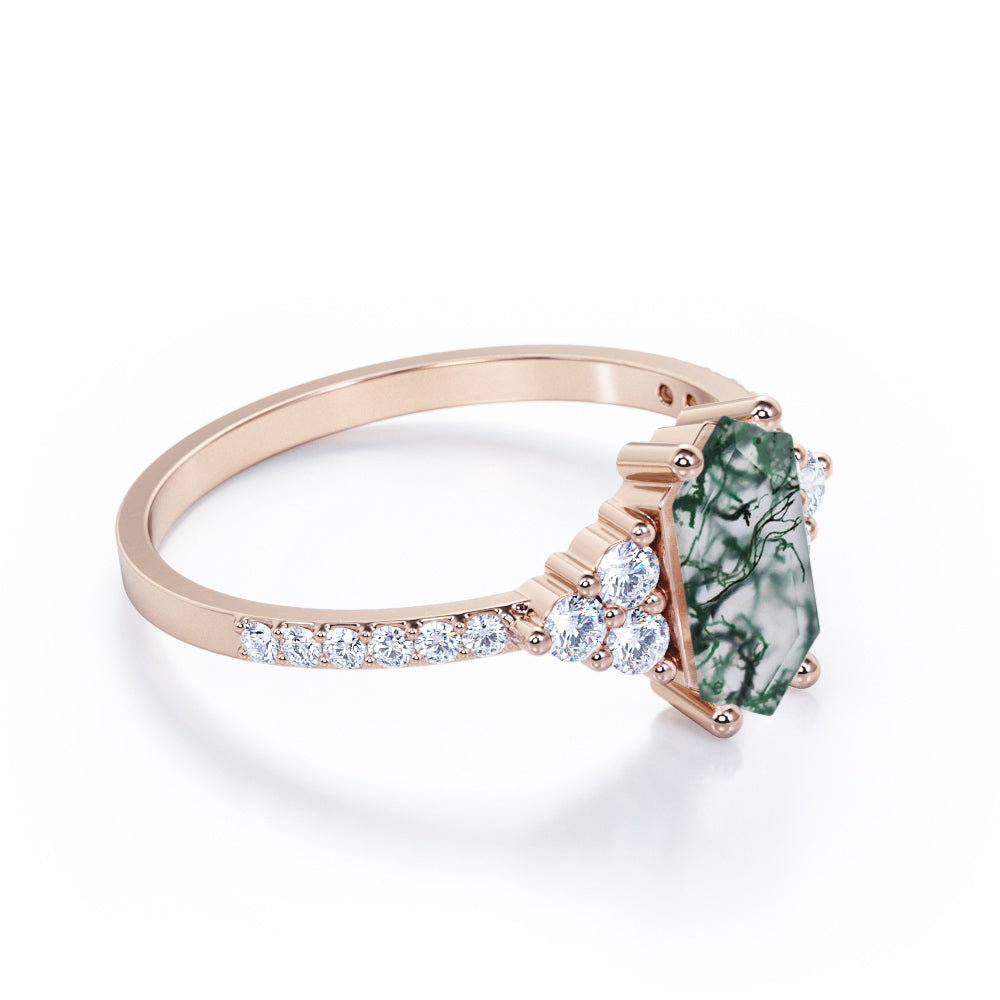 Modern Art deco 1.35 carat Hexagon cut Moss Green Agate and diamond pave setting engagement ring in White gold