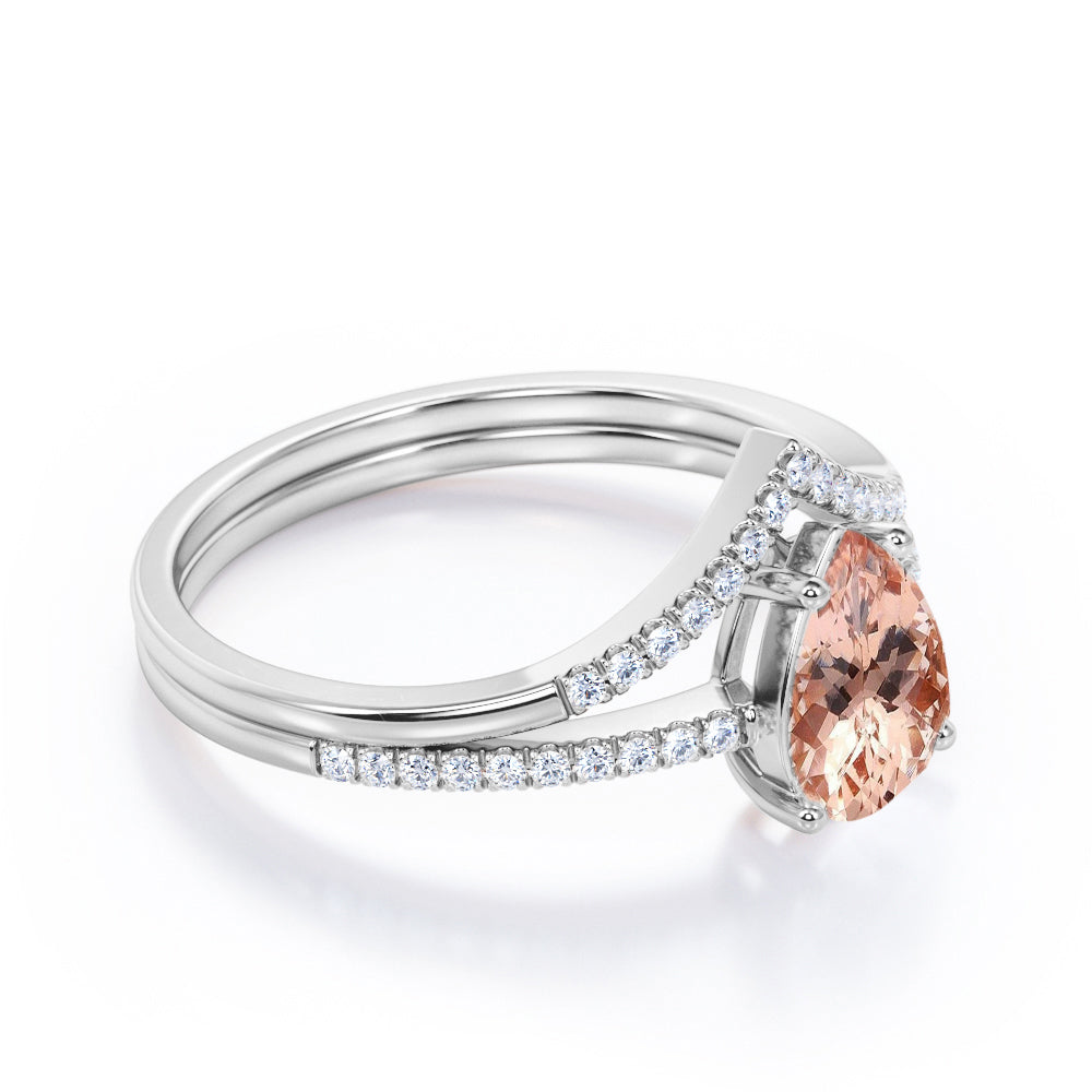 Perfect Chevron 1.5 carat Pear Shaped Morganite and diamond wedding ring set for women in Rose gold