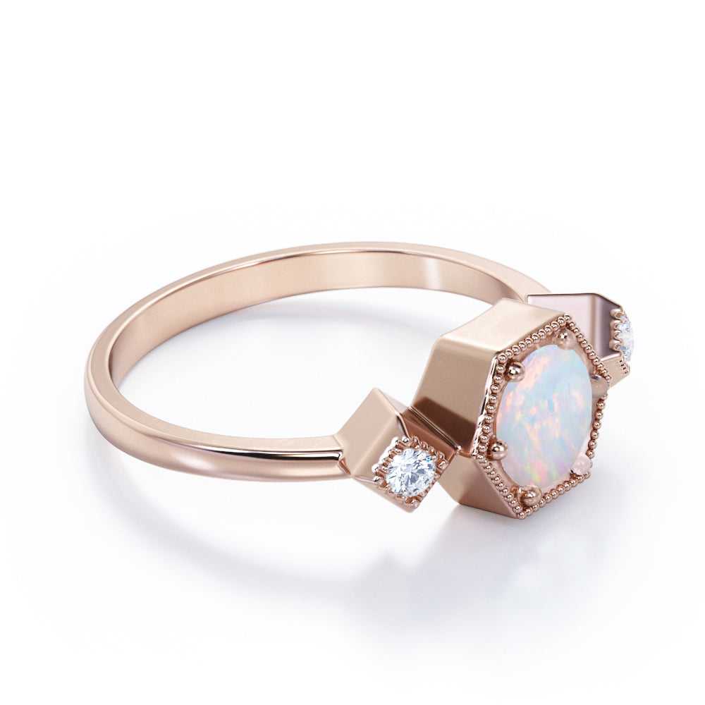 Triple stone 1.10 carat Round cut Ethiopian Opal and diamond 6 prong engagement ring in yellow gold