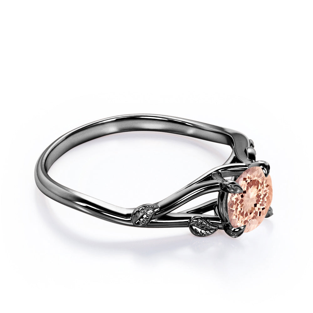 Vine and Leaf Shank 1 carat Round cut Morganite vintage earthy engagement ring in Rose gold
