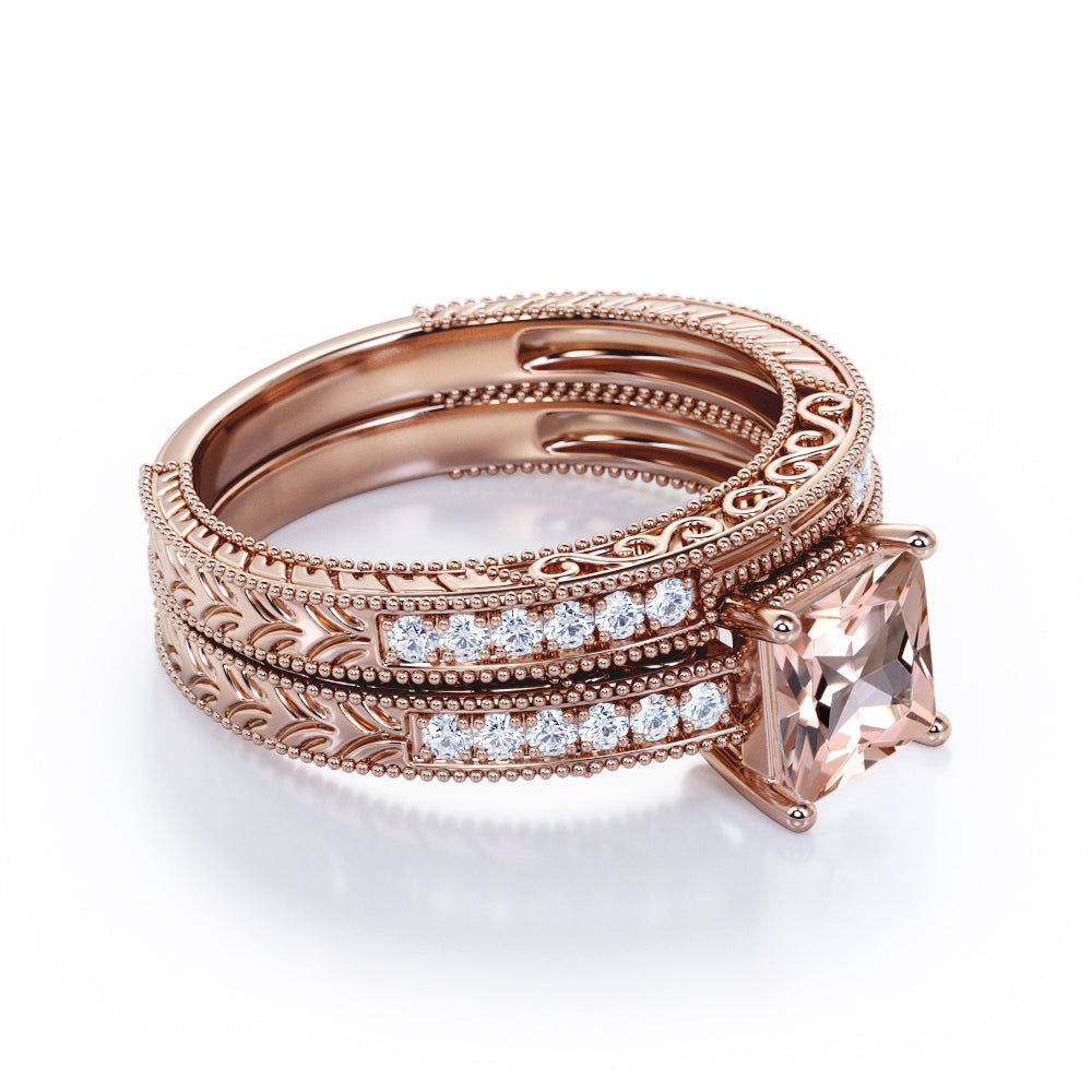 Milgrain Edge 1.25 carat Princess cut Morganite and diamond edwardian art deco engagement rings set-wedding ring set for her