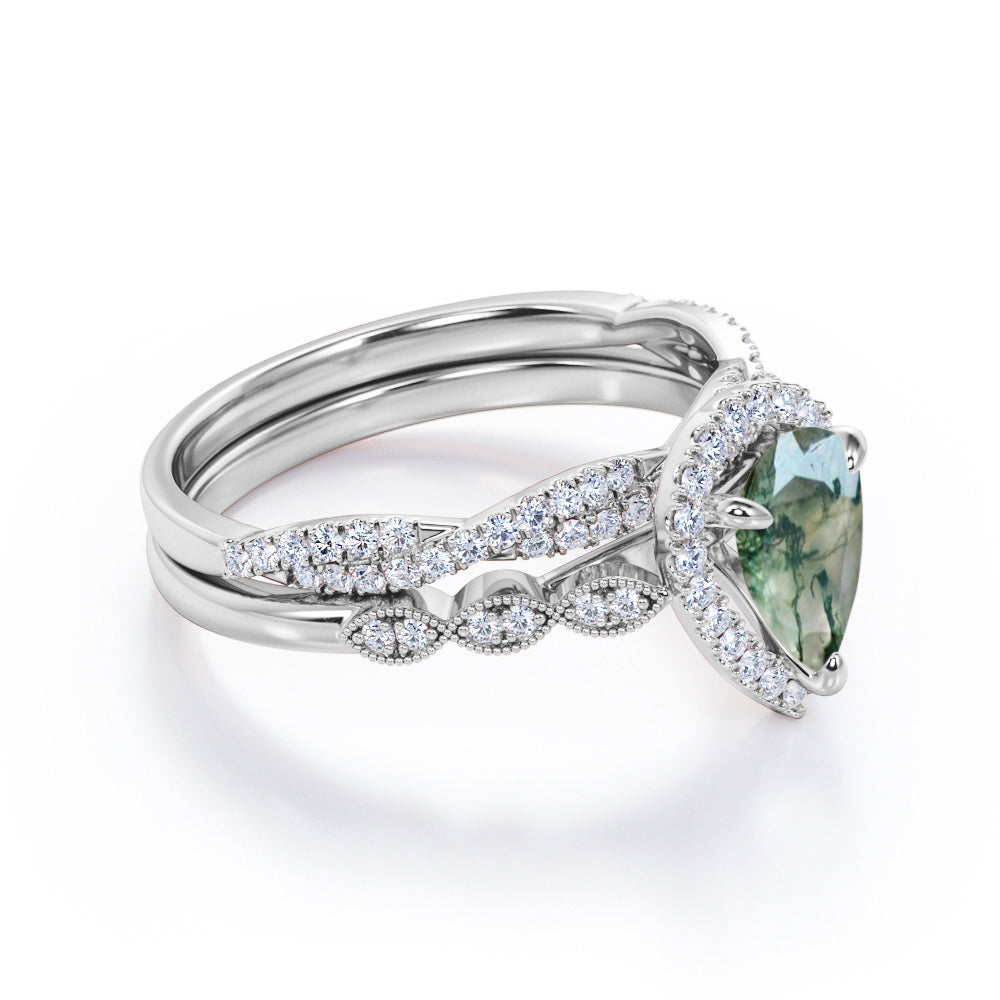 Eccentric Milgrain round 1.75 carat Pear cut Moss Green Agate and diamond Infinity Vintage Bridal ring set in White gold