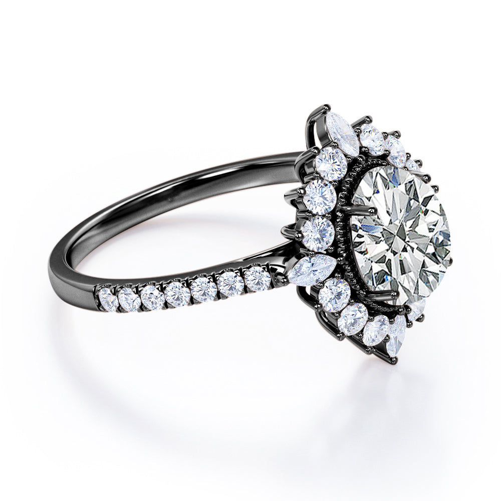 Vintage Cluster 1.3 carat Oval cut Moissanite and diamond halo style engagement ring in white gold